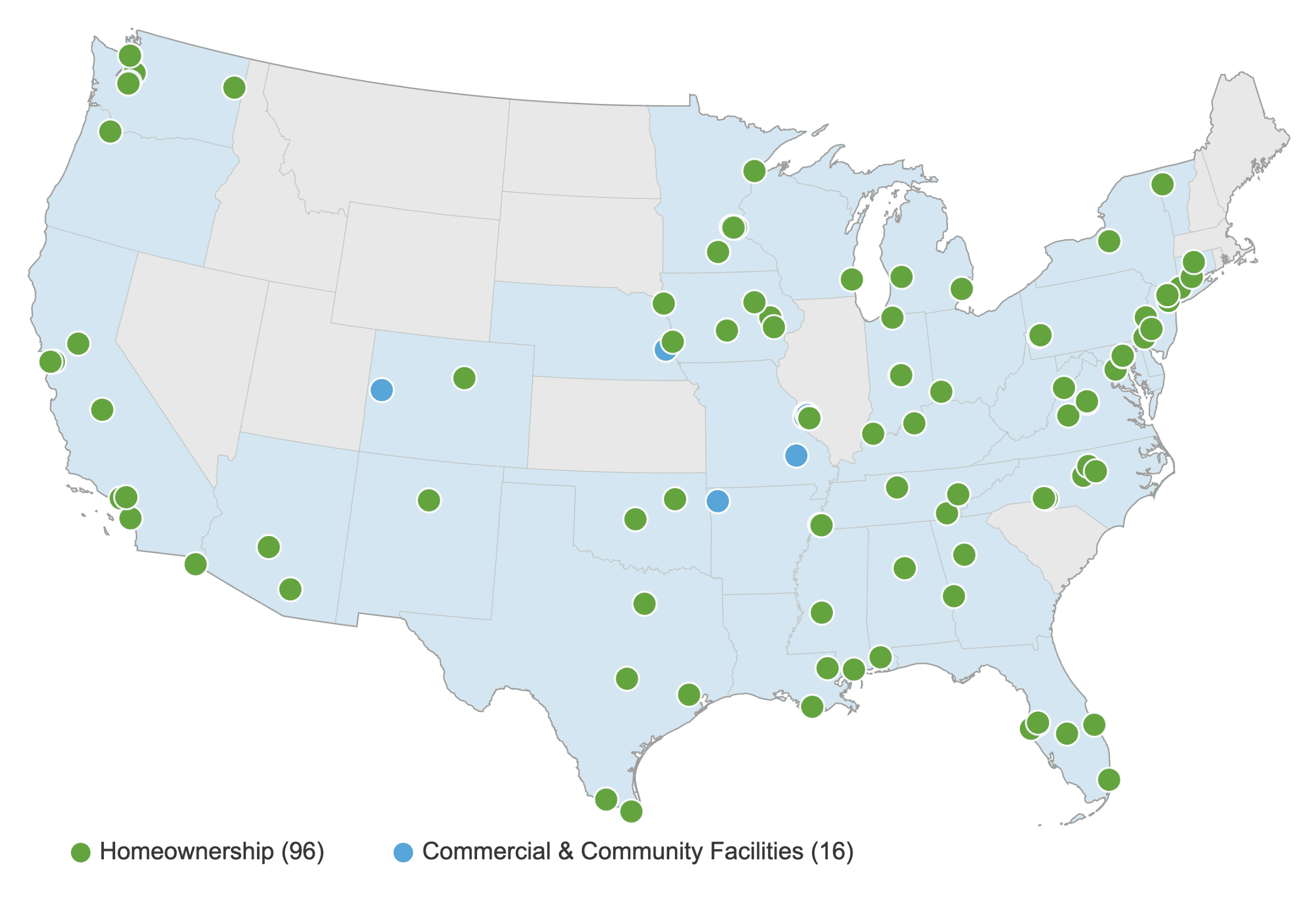 Map of Smith NMTC project locations across the continental United States showing 96 homeownership projects and 16 commercial and community facilities projects